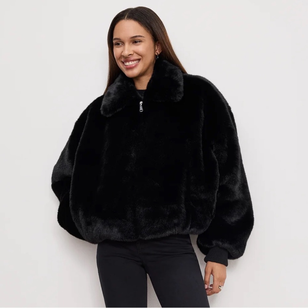 Good American Black Faux Fur Cropped Jacket